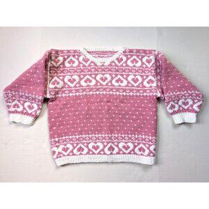 Vintage Handmade Knit Sweater Fits Womens Medium Pink White Hearts 50s 60s